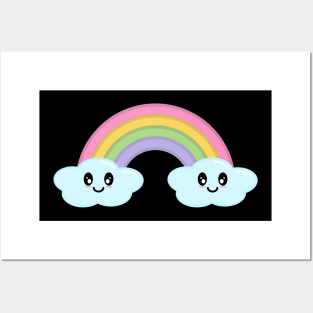 Kawaii Cute Happy Rainbow and Clouds in Black Posters and Art